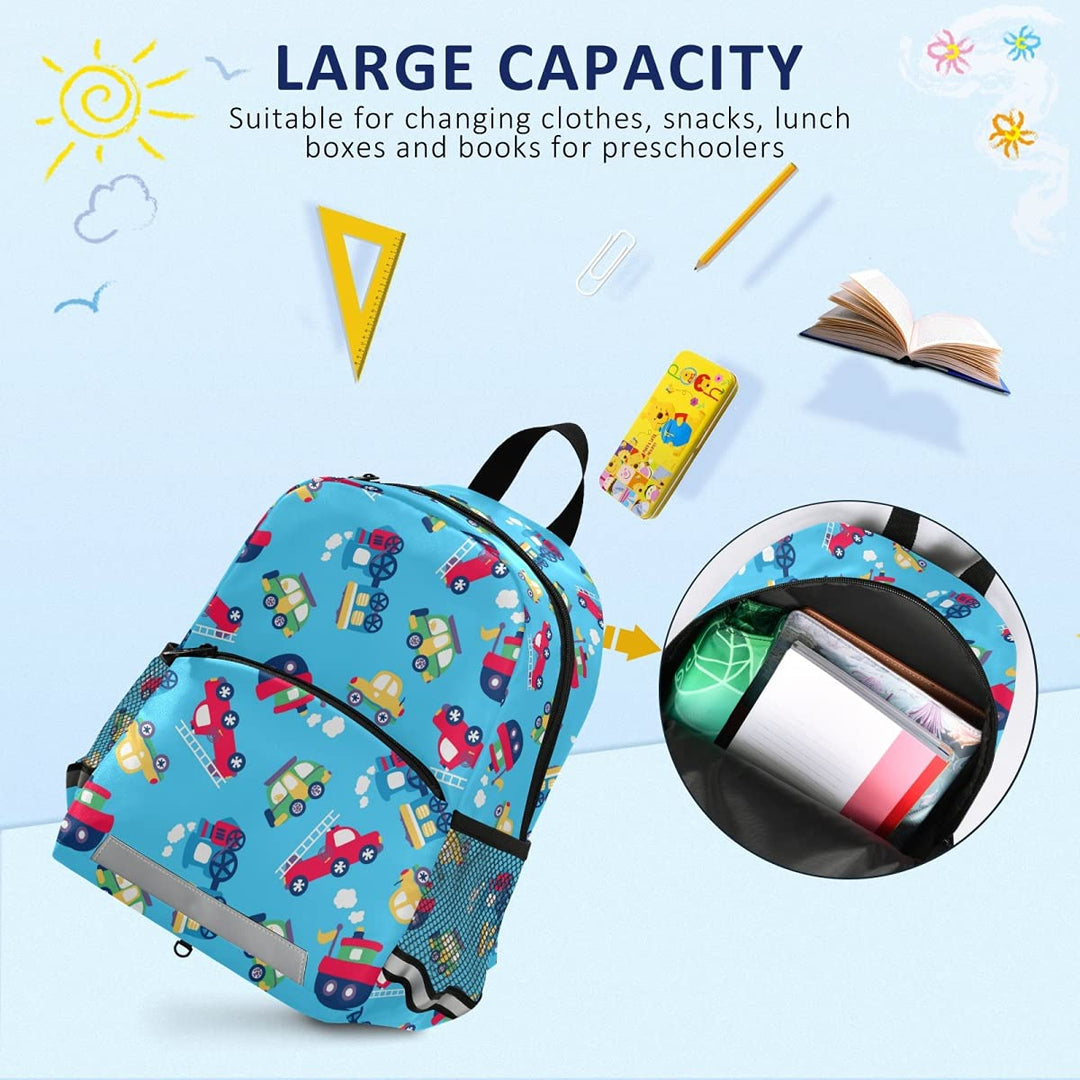 ALAZA Toddler Backpack for Boys Girls,Transportation Red Cartoon Cars Kid's Backpack,Kindergarten Children Bag Preschool Nursery Travel Bag Daycare Bag with Safety Leash