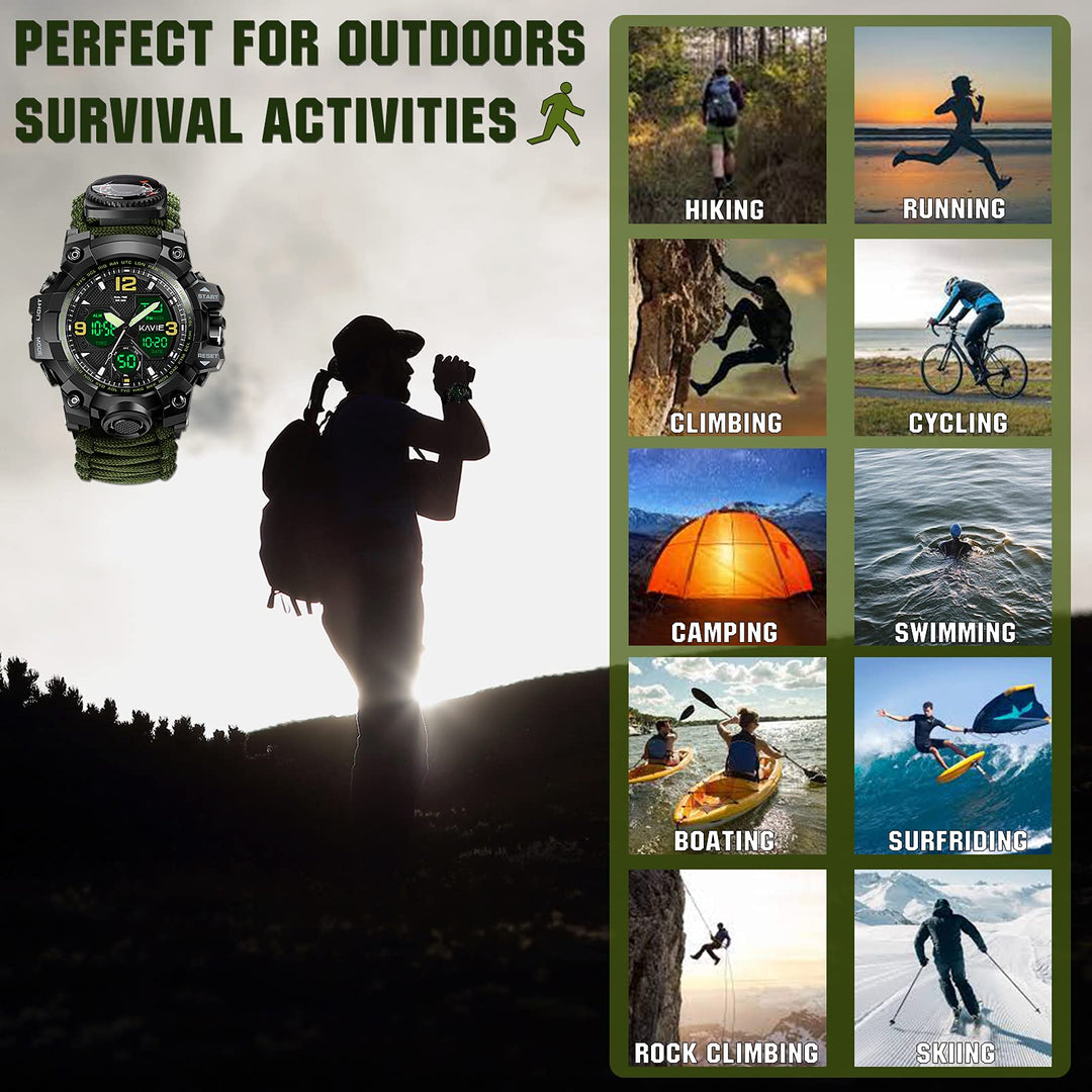 23-in-1 Survival Military Digital Watch, Mens Tactical Multi-Functional and Adjustable Wristband Outdoors Waterproof Sports Dual Dial Watches with Compass Paracord Band, Army Green Camouflage, Digital