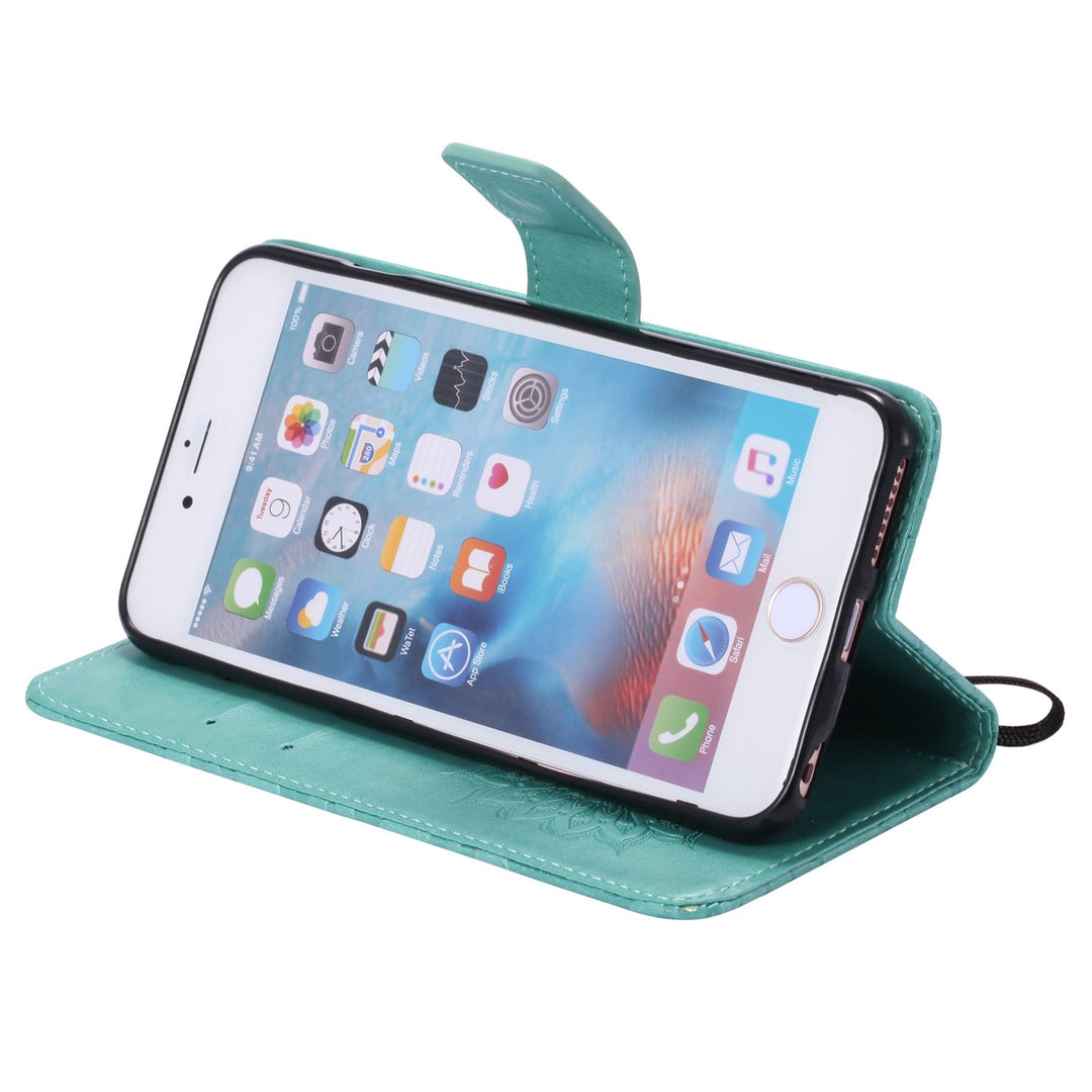 For iPhone 6 / 6S Wallet Case [NOT FOR iphone 6 plus], Sun Pattern Embossed PU Leather Magnetic Flip Cover Card Holders &amp; Hand Strap Wallet Purse Case for iPhone 6 / 6S [4.7 Inch] - Green