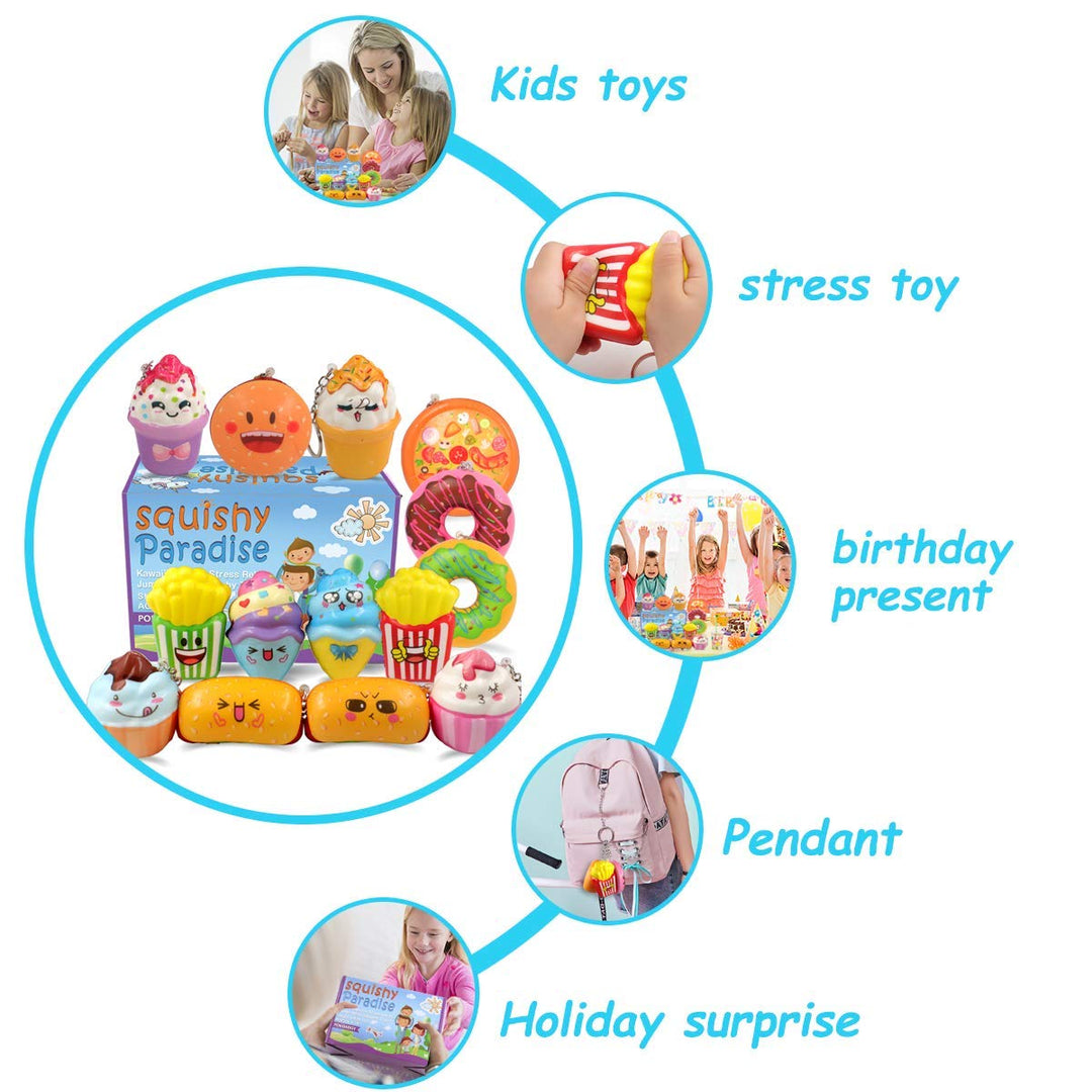 Squishies Donut Squishy Toys, 14 Pack Food Squishies Kawaii Cute Donuts &amp; Ice Cream &amp; Pizza Slow Rising Creamy Scent Stress Relif Squishies Pack Party Favors Decorative with Key Chain