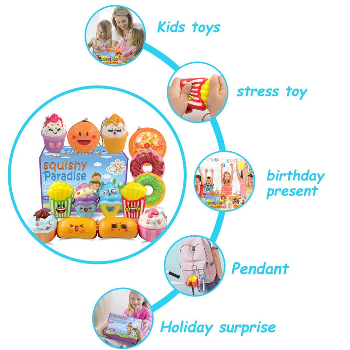 Squishies Donut Squishy Toys, 14 Pack Food Squishies Kawaii Cute Donuts &amp; Ice Cream &amp; Pizza Slow Rising Creamy Scent Stress Relif Squishies Pack Party Favors Decorative with Key Chain