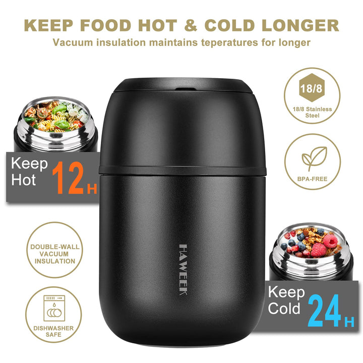Insulated Food Container 17 oz Soup Thermo for Hot Food Kids Adults, Stainless Steel Vacuum Lunch Box with Folding Spoon, Adult Kids Thermo Portable with Handle for School, Office, Outdoor
