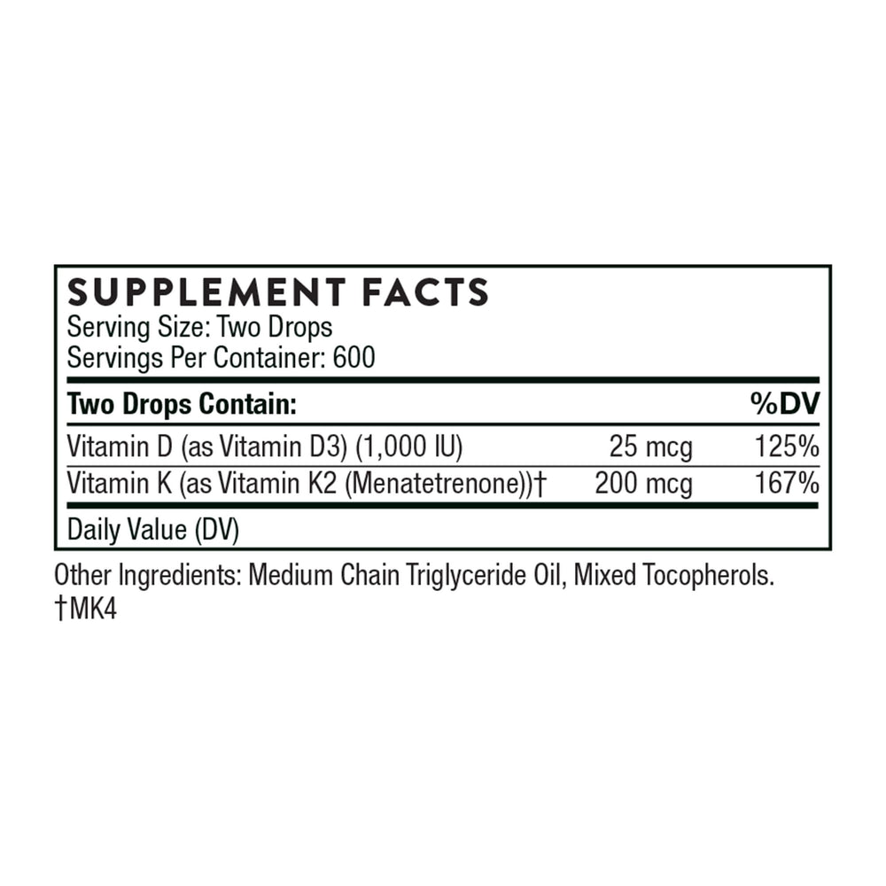 Vitamin D + K2 Liquid with a metered Dispenser - Vitamins D3 and K2 to Support Healthy Bones and Muscles* - 1 Fl Oz (30 ml) - 600 Servings