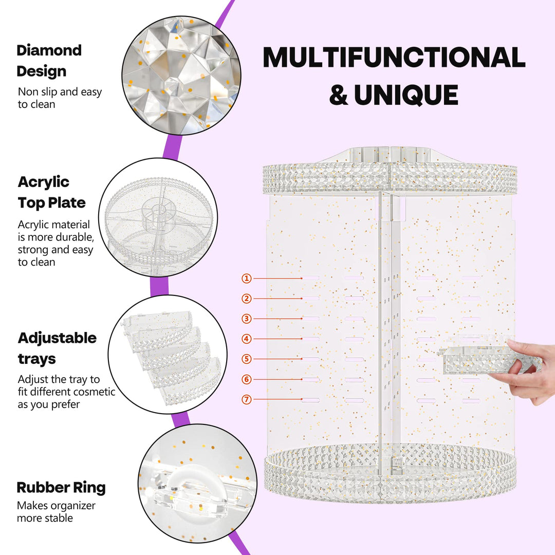 360 Degree Rotating Makeup Organizer, Extra Large Capacity Organizador De Maquillaje, Removable 7 Layers Lipstick Organizer Cosmetic Storage Cases Perfume Organizer for Vanity (Glitter)