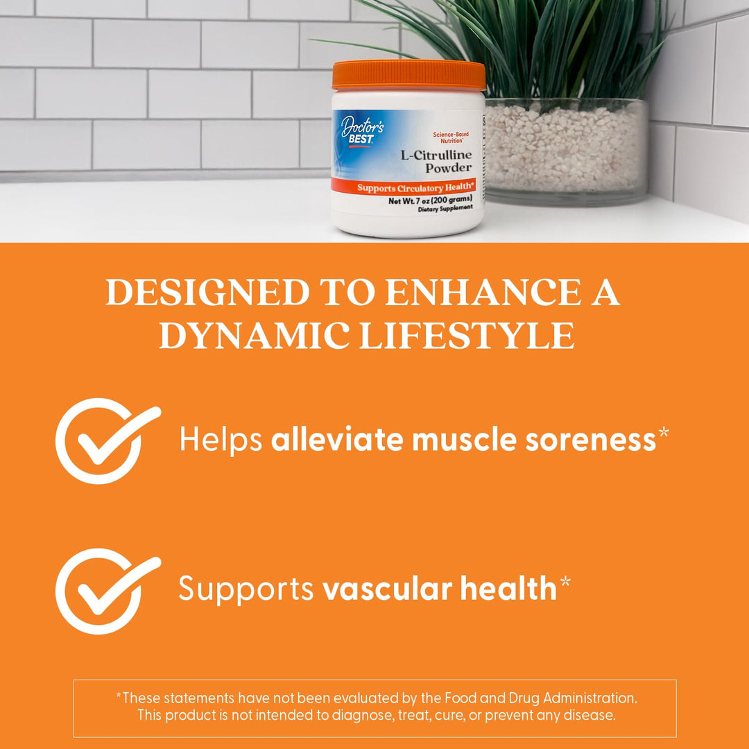 Doctors Best L-Citrulline Powder (Kyowa Quality), Supports Circulatory Health, Non-GMO, Gluten Free, Soy Free, Vegan Net Wt. 7 oz (200 Grams)