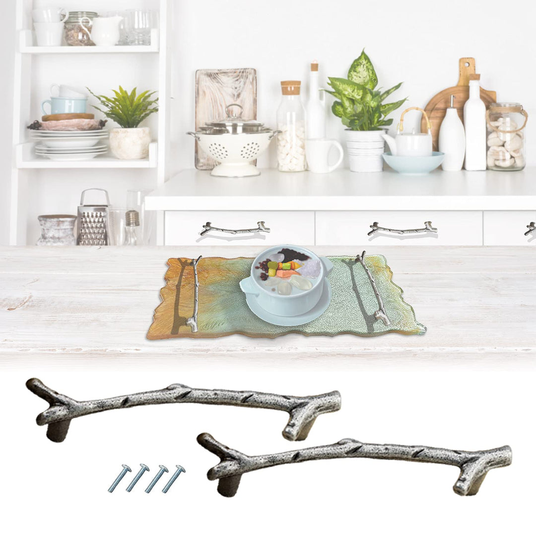 6pcs Tray Handles for Resin Mold Tray Accessories,2-Hole Metal Handles for Silicone Epoxy Casting, Branches Handles with Screw for Faux Agate,Serving Board,Wine Cabinet,Locker