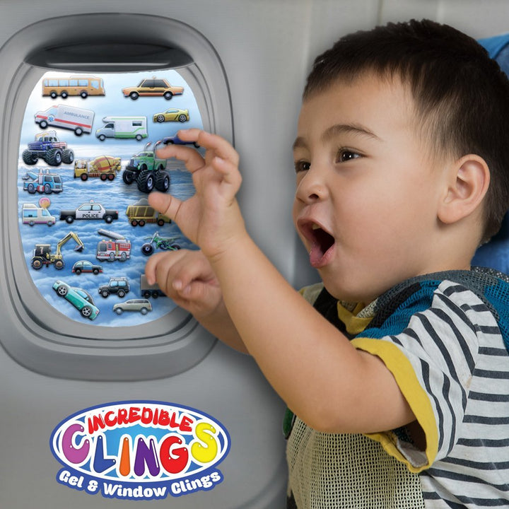 Cars and Trucks Window Clings for Kids &amp; Toddlers (by Jesplay USA - Reusable Window Stickers Gels &amp; Decals) Puffy Sticker Activites for Car Plane Home - Police, Race Cars, Monster, Tow, Fire Truck