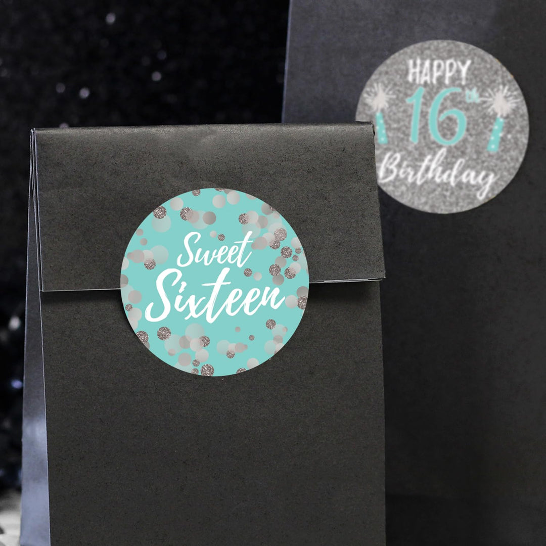 Sweet Sixteen 16th Birthday Favor Stickers, 1.75 in, 40 Labels (Blue and Silver)