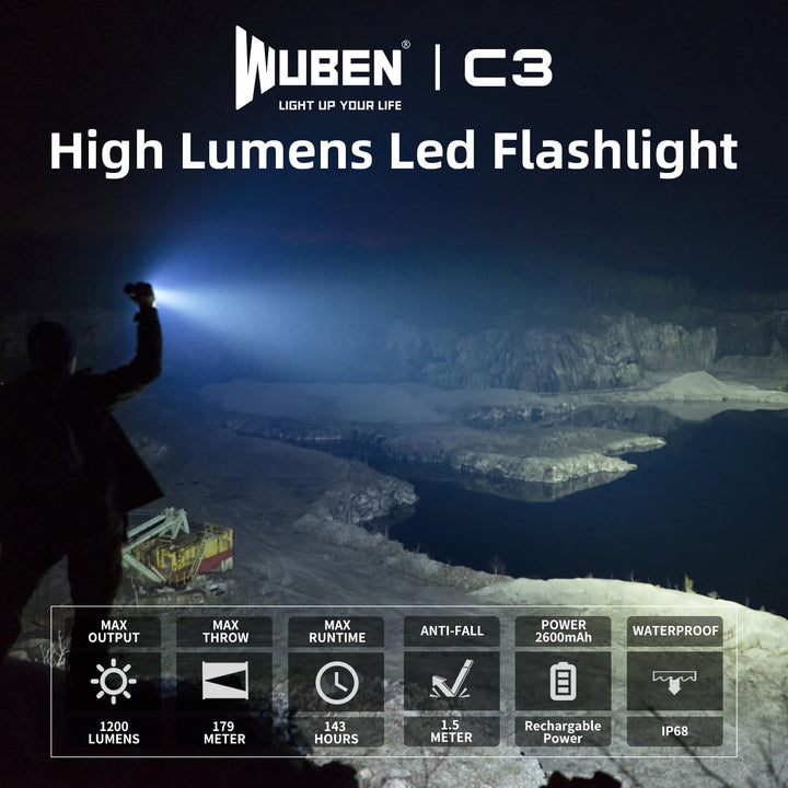 WUBEN C3 Rechargeable Flashlight 1200 High Lumens Super