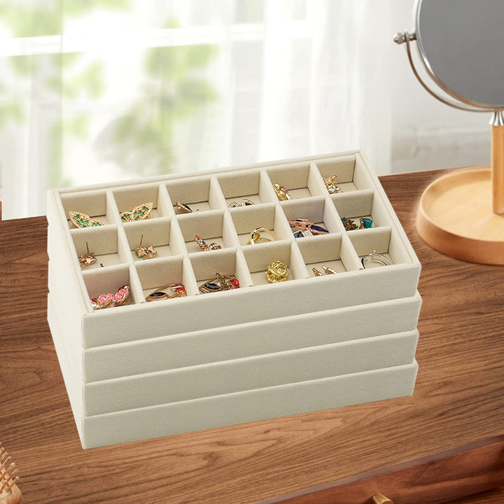 Velvet Jewelry Trays Organizer for Drawers, Small Stackable Jewelry Display Tray for Ring Earring Bangle Bracelet Necklace, Set of 4, Beige