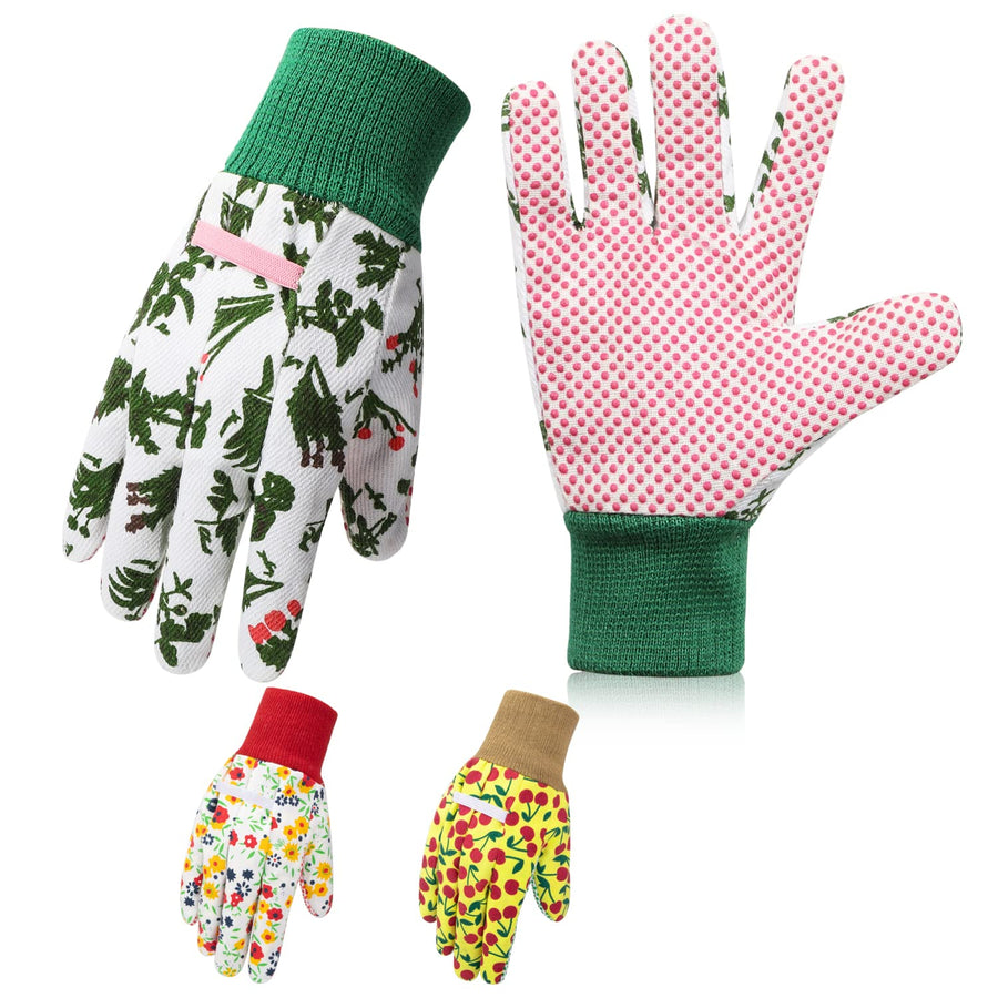 Garden Gloves for Women,3 Pairs Breathable Anti-slip Floral Printed Gardening Work Gloves with PVC Dots for Planting and Work(Green Pink Navy Blue)