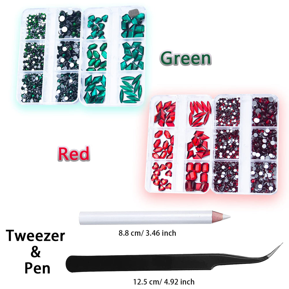 2120Pcs Emerald Green Red Nail Rhinestones Crystals Glass Gems Stones Green Red Multi Shapes Sizes Round Beads Flatback Crystals Rhinestones for Nail DIY Crafts Clothes Shoes Jewelry