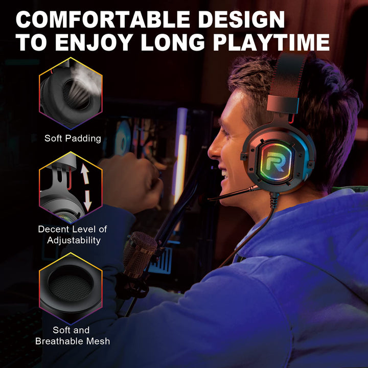 7.1 Surround Sound Gaming Headset for PC PS4 PS5, USB Wired Gaming Headphone with Noise Canceling Mic&amp;RGB Lights, Comfortable Memory Foam, Compatible with Xbox(Adapter Needed), Laptop, Mac