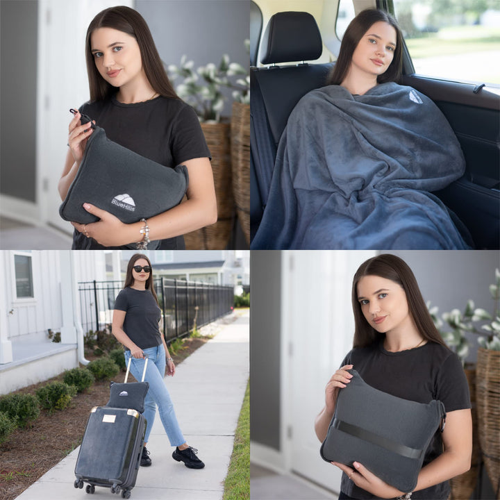 Premium Soft Travel Blanket Pillow Airplane Flight Blanket Throw Bag Pillowcase Compact Large Blanket 2 in 1 Combo Warm Traveling Plane Essentials Portable Gifts Lightweight Grey Gray T007
