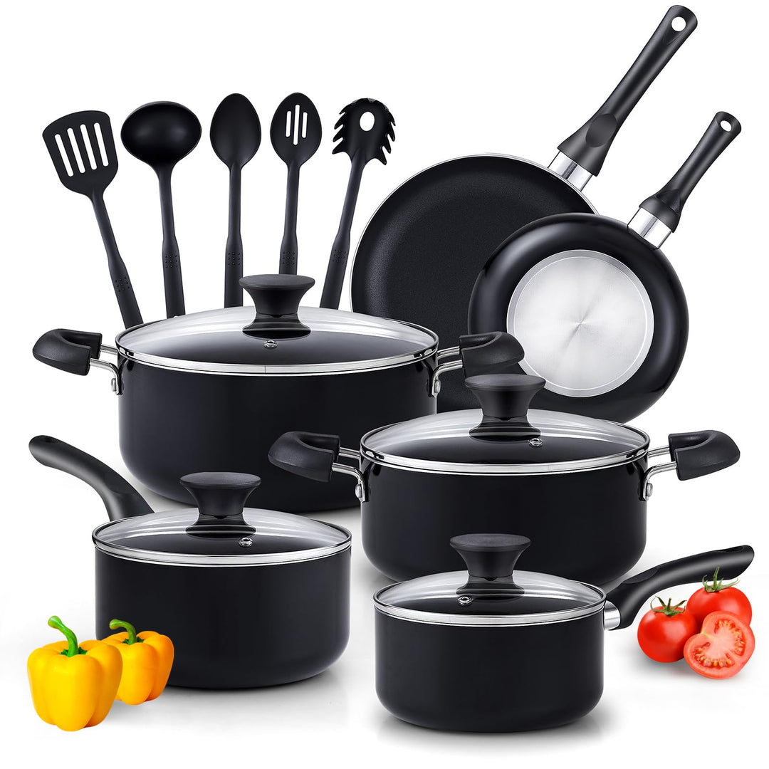 Basics Pots and Pans Cooking, 15-Piece Nonstick Cookware Set, Black