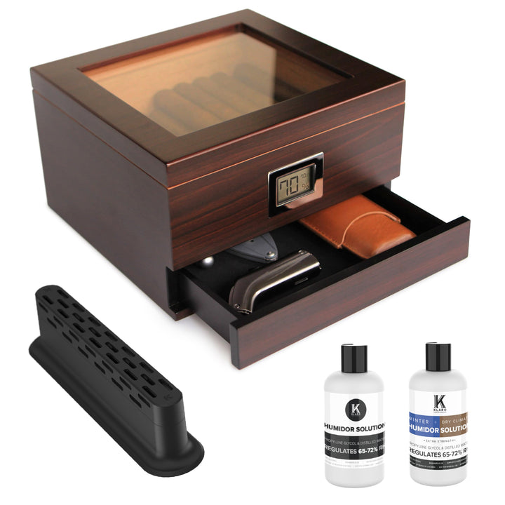 Glass Top Humidor with Thick Cedar, Easy humidification System, Accurate Digital Hygrometer - Renzo, Brown