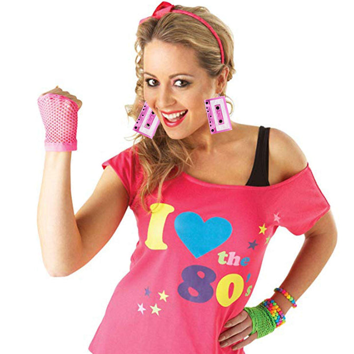 ® 1980s Fashion Acrylic Earrings for 80’s Party Women Punk Retro Cassette Crush Colorful Drop Dangle Party Night Club Pretty (Pink)