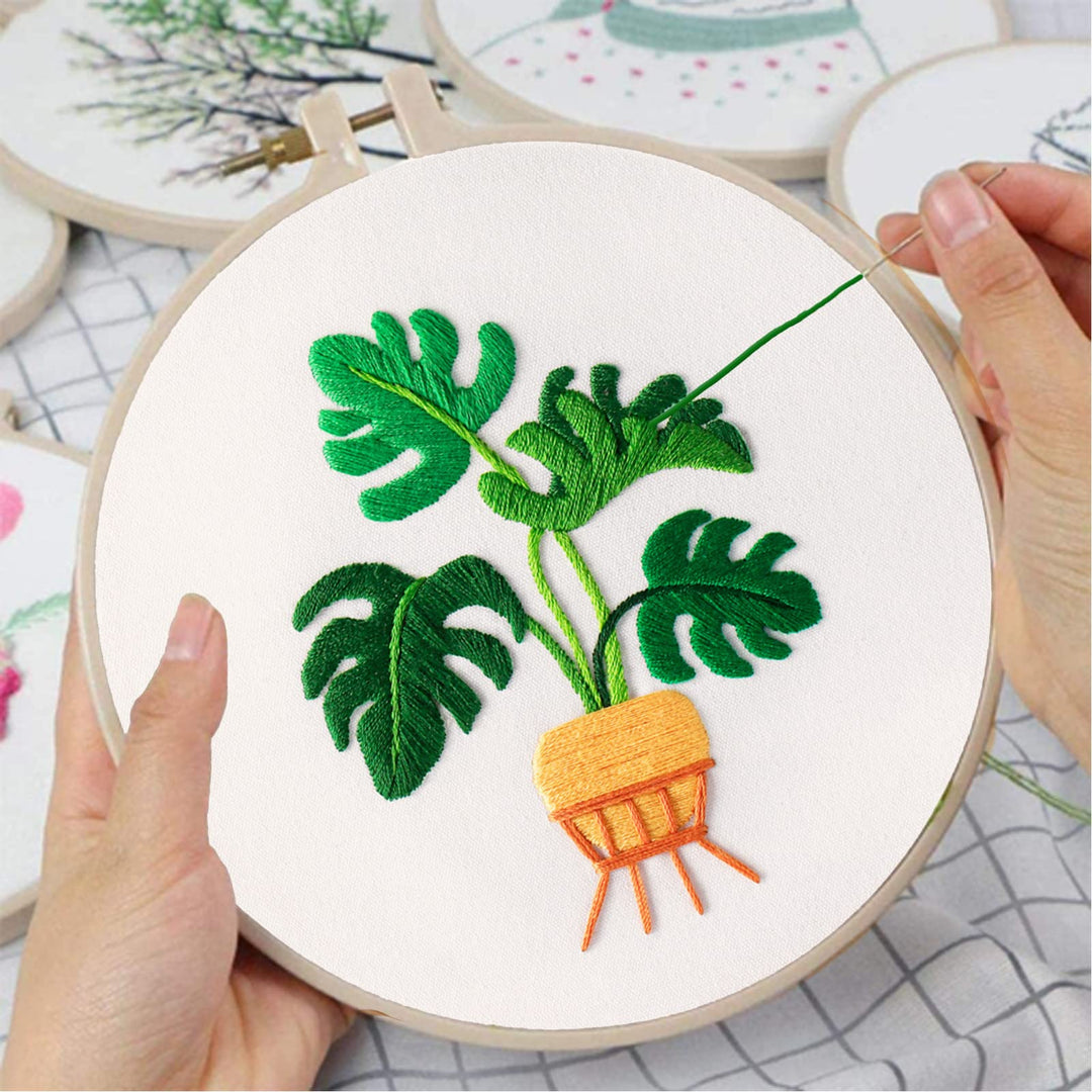 Monstera Embroidery Starters Kit for Adults, Cross Stitch kit for Beginners with Plant Pattern Embroidery Cloth,Hoop, Needles, Color Threads