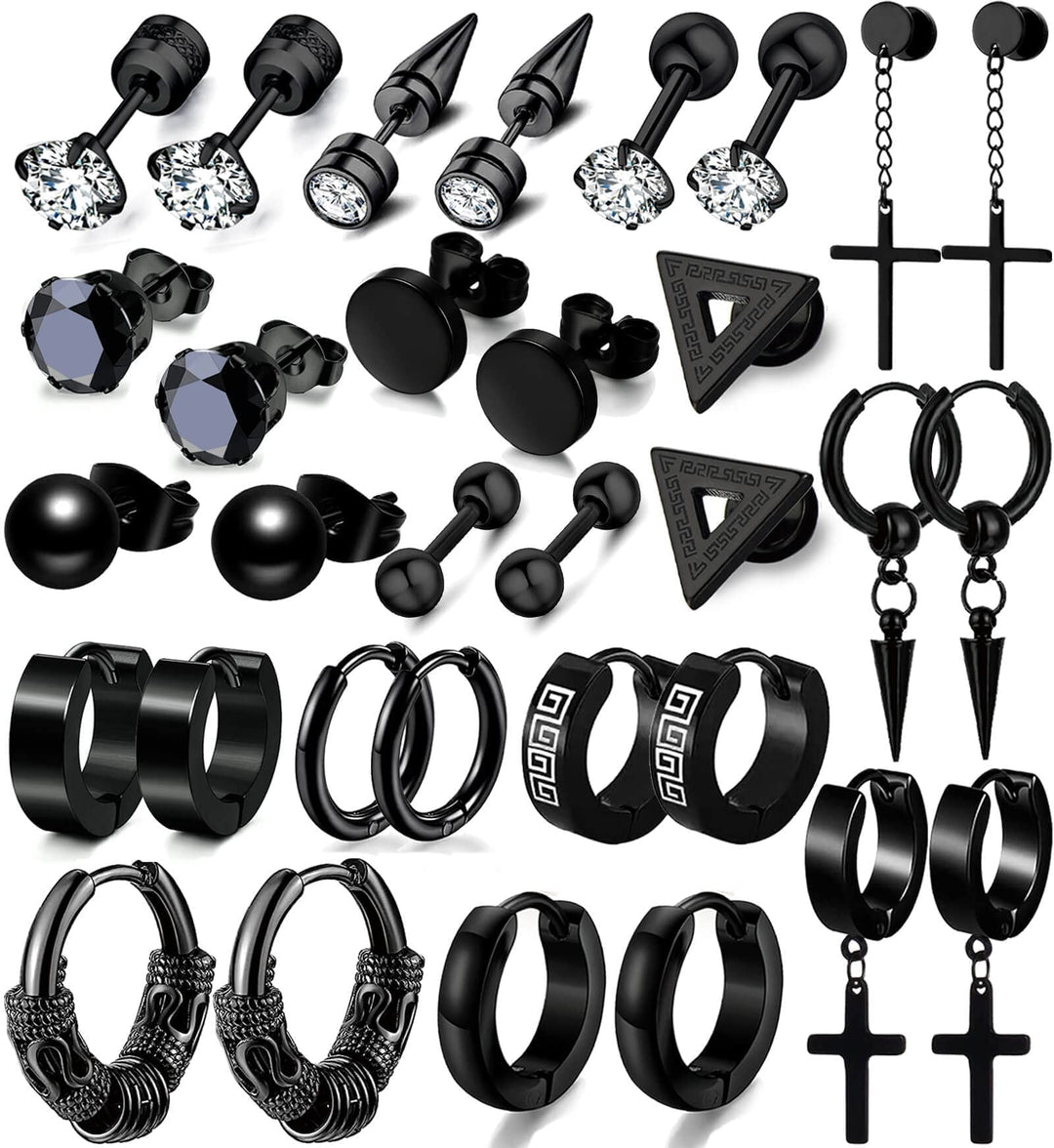 16 Pairs Men Earrings Set - Black Stainless Steel Cross Dangle Hoop &amp; Ear Stud Fashion Piercing Jewelry for Birthdays, Parties &amp; More