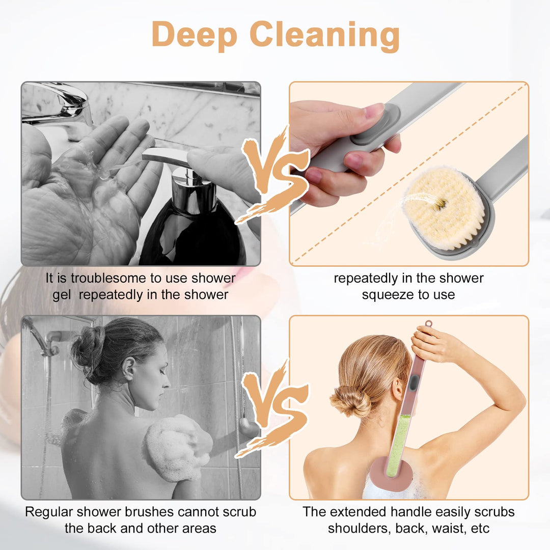 2PCS Back Scrubber for Shower, Long Handled Shower Brush with Soap Dispenser, Exfoliating Body Scrubber for Wet or Dry Brushing, Shower Brush with Soft Bristles