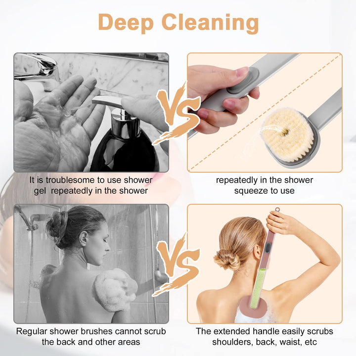 2PCS Back Scrubber for Shower, Long Handled Shower Brush with Soap Dispenser, Exfoliating Body Scrubber for Wet or Dry Brushing, Shower Brush with Soft Bristles