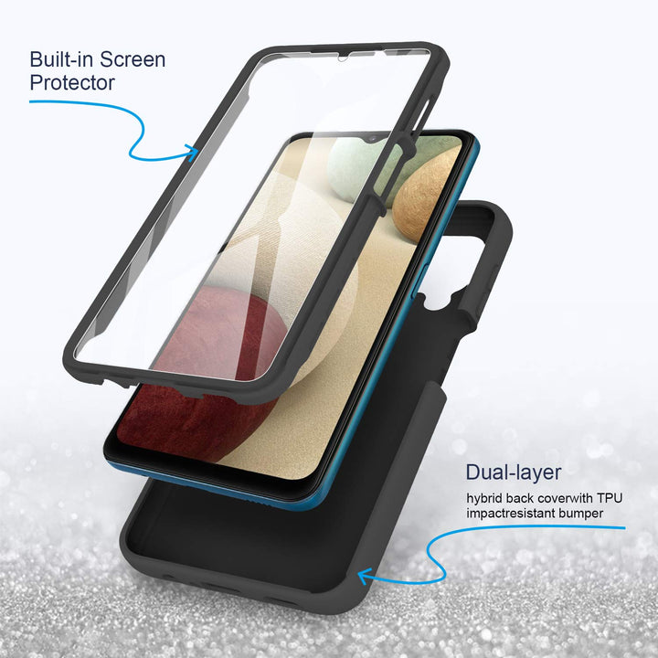 for Samsung Galaxy A12 Case with Built-in Screen Protector,Rugged PC Front Cover + Soft TPU Non-Slip Back Cover, Shockproof Full-Body Protective Case Cover (Black)