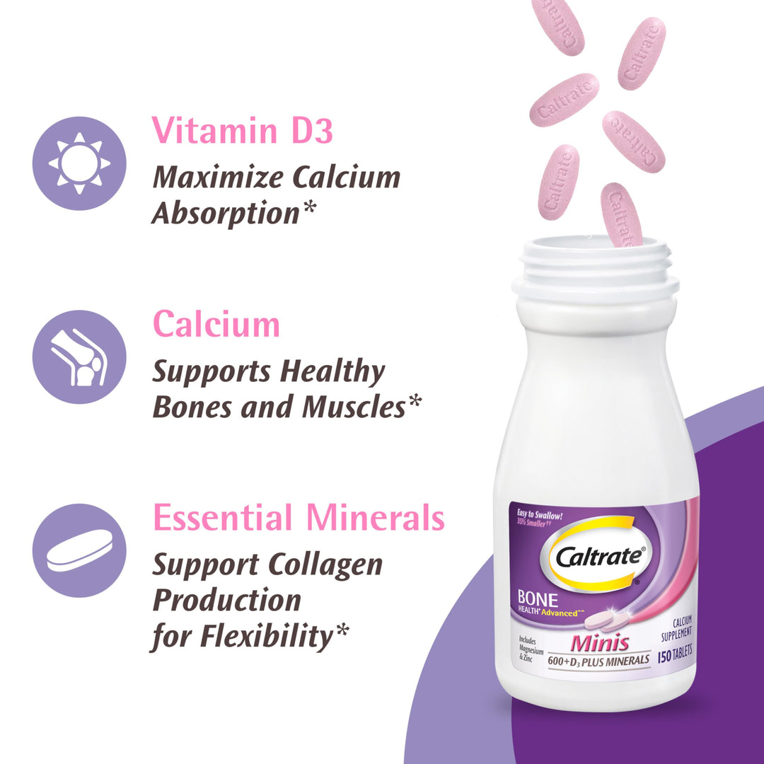 Caltrate Minis 600 Plus D3 Plus Minerals Calcium and Vitamin D Supplement Tablets, Bone Health and Mineral Supplement for Adults - 150 Count