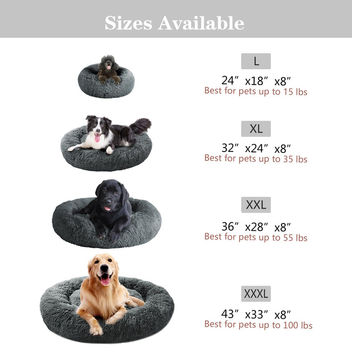 Calming Dog Bed (L/XL/XXL/XXXL) for Medium and Large Dogs Comfortable Pet Bed Faux Fur Donut Cuddler Up to 25/35/55/100lbs