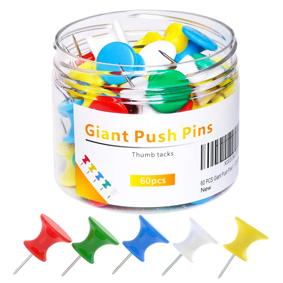 60 PCS Gaint Push Pins, 1 Inch, Jumbo Thumb Tacks, Steel Point and Plastic Head, Large Thumbtacks for Bulletin Board Cork Board, Long pushpins for Wall (Multicolor), (push pins-032861)
