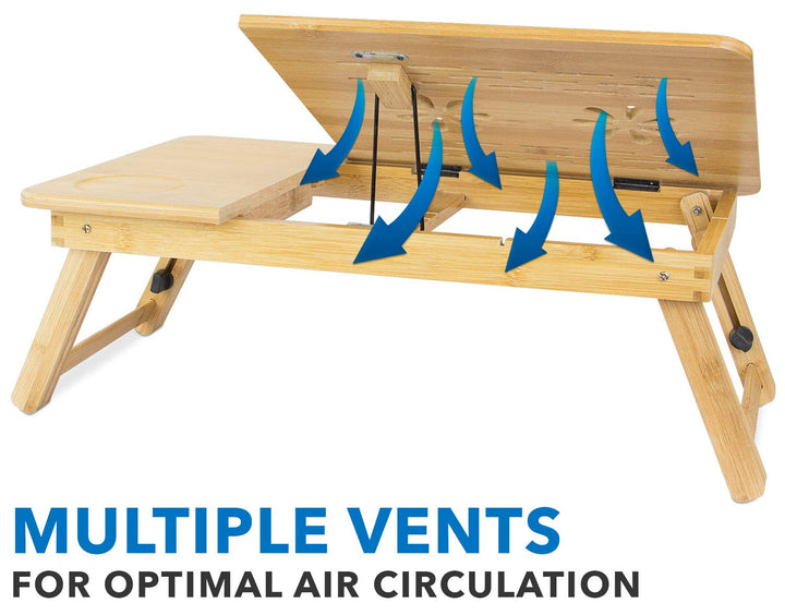 Laptop Bed Tray with Tilting Top and Pullout Storage Drawer | Adjustable Breakfast Table with Foldable Design | Eco-Friendly, Natural Bamboo Laptop Tray (MI-7212)