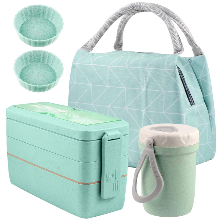 Stackable Bento Box with Lunch Bag, 3 Compartment Japanese Lunch Containers, Wheat Straw, All-in-1 Bento Lunch Box Kit for Adult Meal Prep Lunch Snack