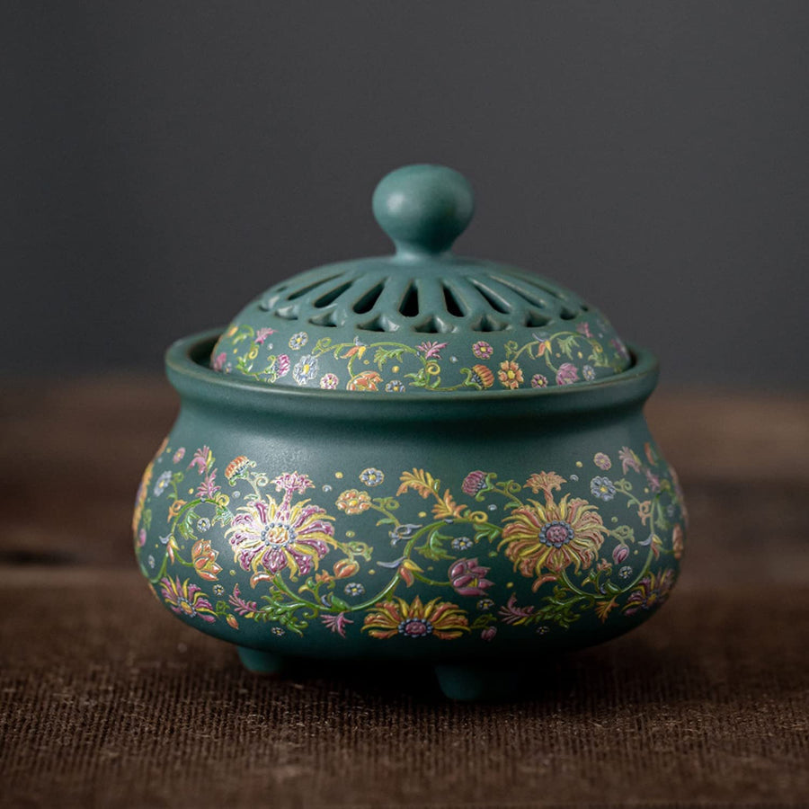 Ceramic Incense Burner with Incense Stick Holder + Insulation use for Stick or Coil Incense, Sage Cones and Frankincense, Incense Ash Catcher for Home Office Yoga Aromatherapy Ornament, Green