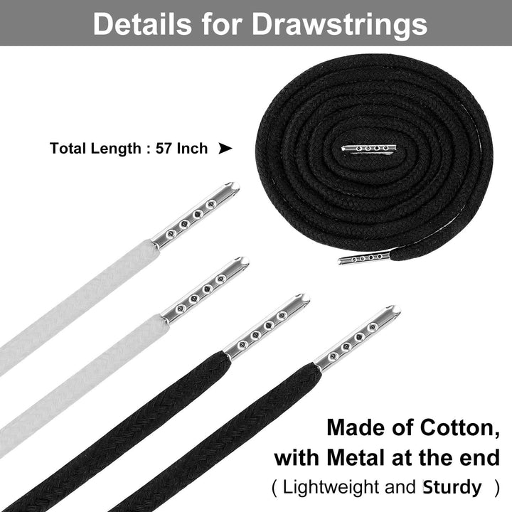 8PCS Drawstring Cord, Replacement Drawstring for Sweatpants, 57 Inch Drawstrings Replacement with Easy Threaders, Draw Strings for Shorts Pants Jackets Coats Hoodies (Black, White)