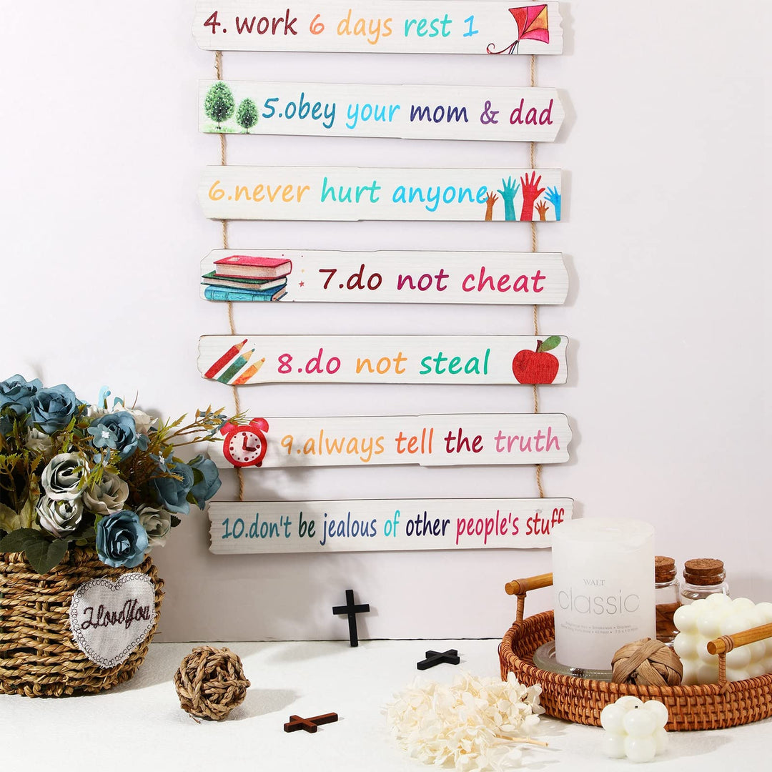 God Rules Sign Wall Decor 11 Pieces Wooden Hanging Wall Art Inspirational Religious Art Wall Decors Ten Commandments for Bedroom Classroom Playroom Decor Christian Gift