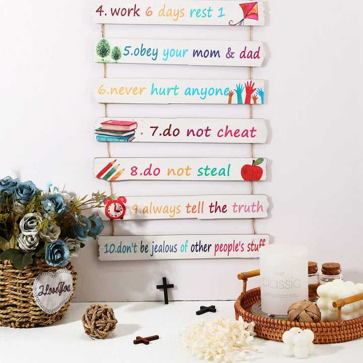 God Rules Sign Wall Decor 11 Pieces Wooden Hanging Wall Art Inspirational Religious Art Wall Decors Ten Commandments for Bedroom Classroom Playroom Decor Christian Gift