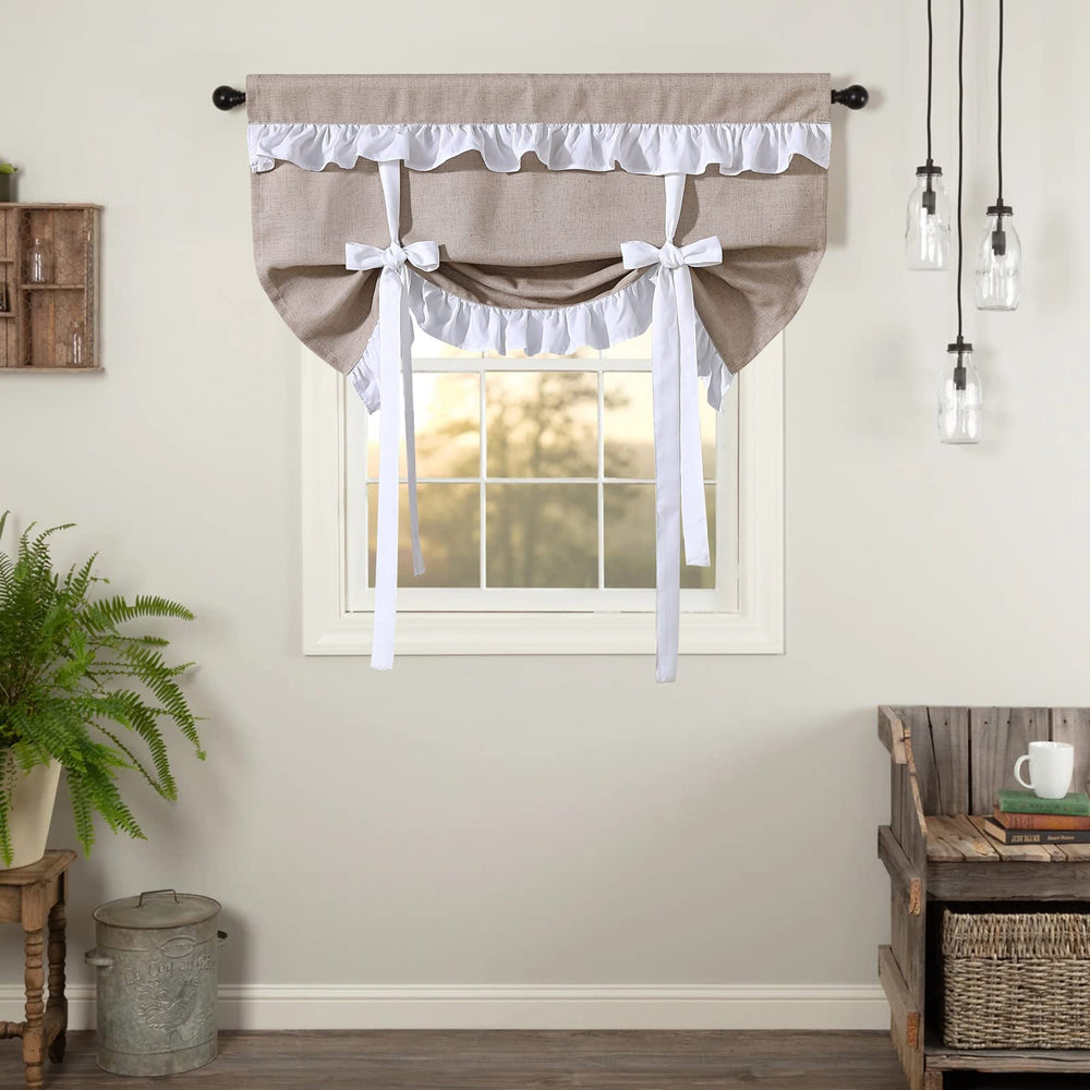 Modern Farmhouse Tie Up Valances for Windows 21’’L x 34’’W, French Country Ruffle Linen Burlap Small Kitchen Bathroom Curtain Valance Adjustable Tie Up Balloon Roman Window Shades, Khaki