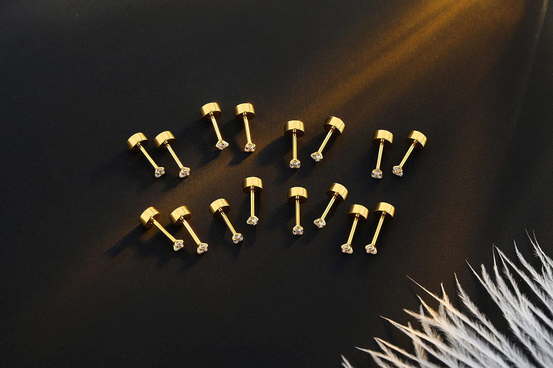 8 Pairs 2mm Tiny Flat Back Earrings for Women Men 14K Gold Plated Surgical Stainless Steel Stud Earrings Set Cubic Zirconia Cartilage Earring Hypoallergenic (Gold, 2mm CZ)