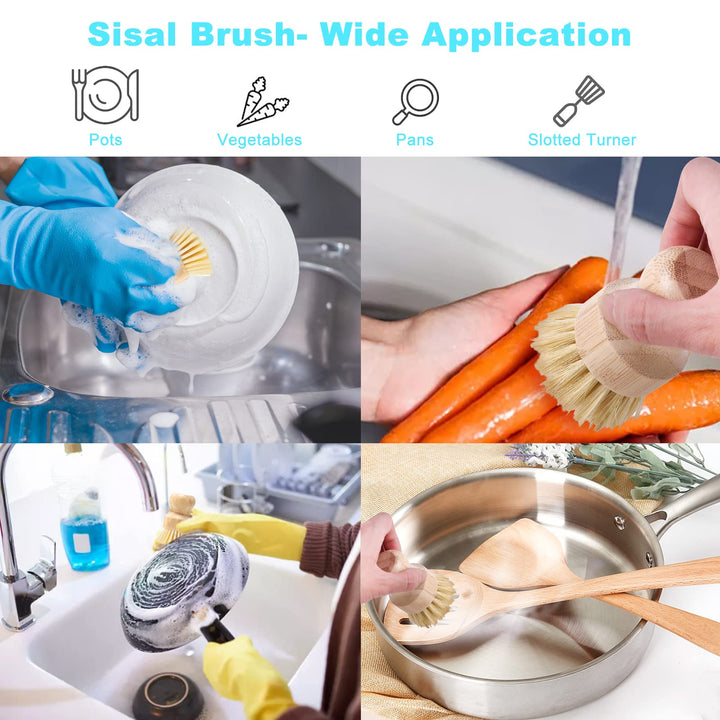 Bamboo Dish Brush Set, 4 Pcs Palm Wooden Dish Scrubber Brush, Dish Brushes, Durable Wood Dishes Scrub Brush, Natural Round Vegetable Cleaning Pots Pans Sink Washing Kitchen Brush