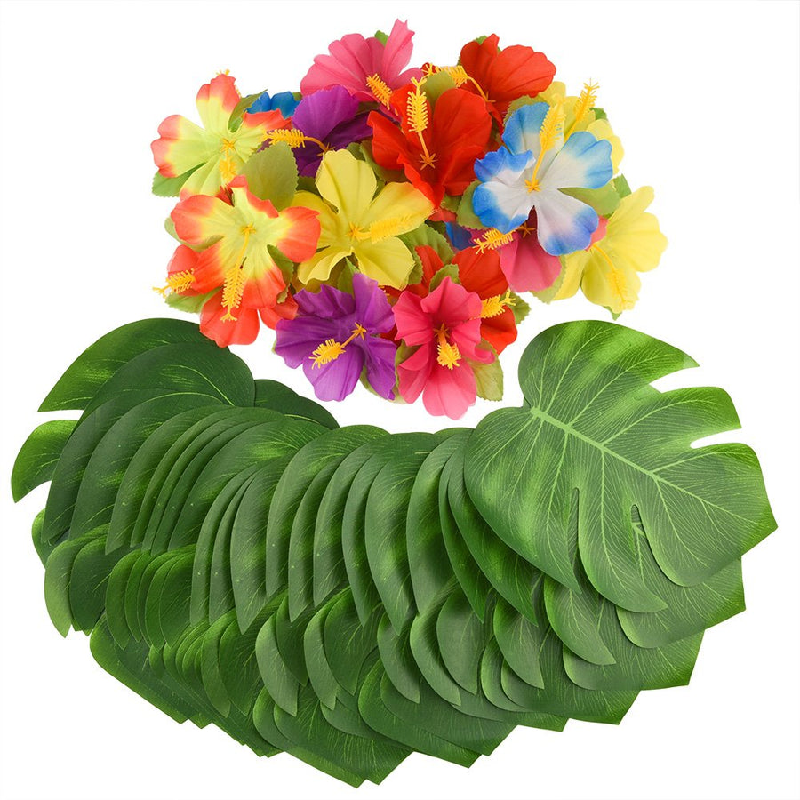 88 Pcs 20cm/8 Tropical Palm Leaves and Silk Hibiscus Flowers Party Decor, Artificial Monstera Plant Leaves Flowers Hawaiian Luau Party Jungle Beach Theme BBQ Birthday Party Decorations Supplie