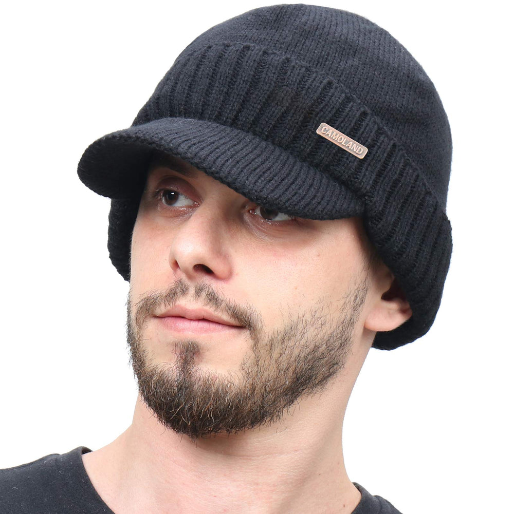 30% Wool Winter Beanie w/Visor & Earflaps for Men Outdoor Fleece Hat
