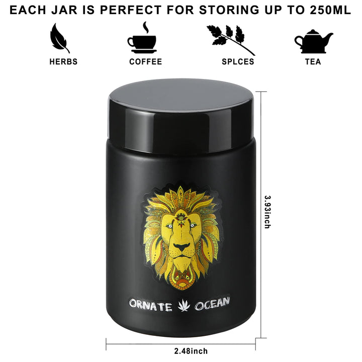 4-Pack 250ml UV Glass Stash Jars Lion King - 4 Piece Set Multipurpose Storage Containers - Convenient Airtight Smell Free Screw Top Lid Jars Preserves and Secures Your Herbs