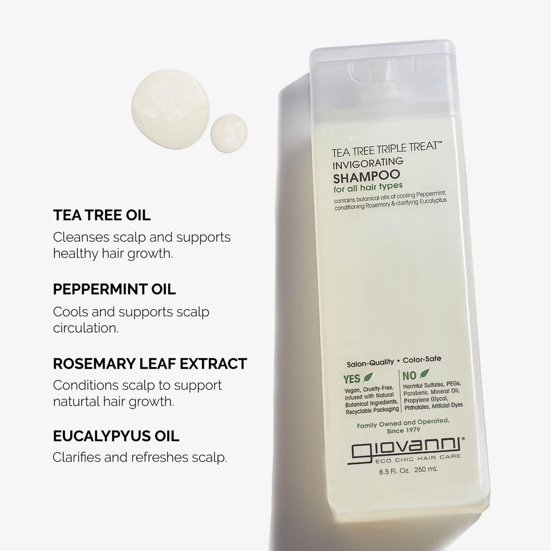 Tea Tree Triple Treat Invigorating Shampoo - Cooling Peppermint, Eucalyptus &amp; Rosemary, Helps Strengthen &amp; Rejuvenate Hair &amp; Scalp, Salon Quality, Paraben Free, Tea Tree Shampoo - 8.5 oz