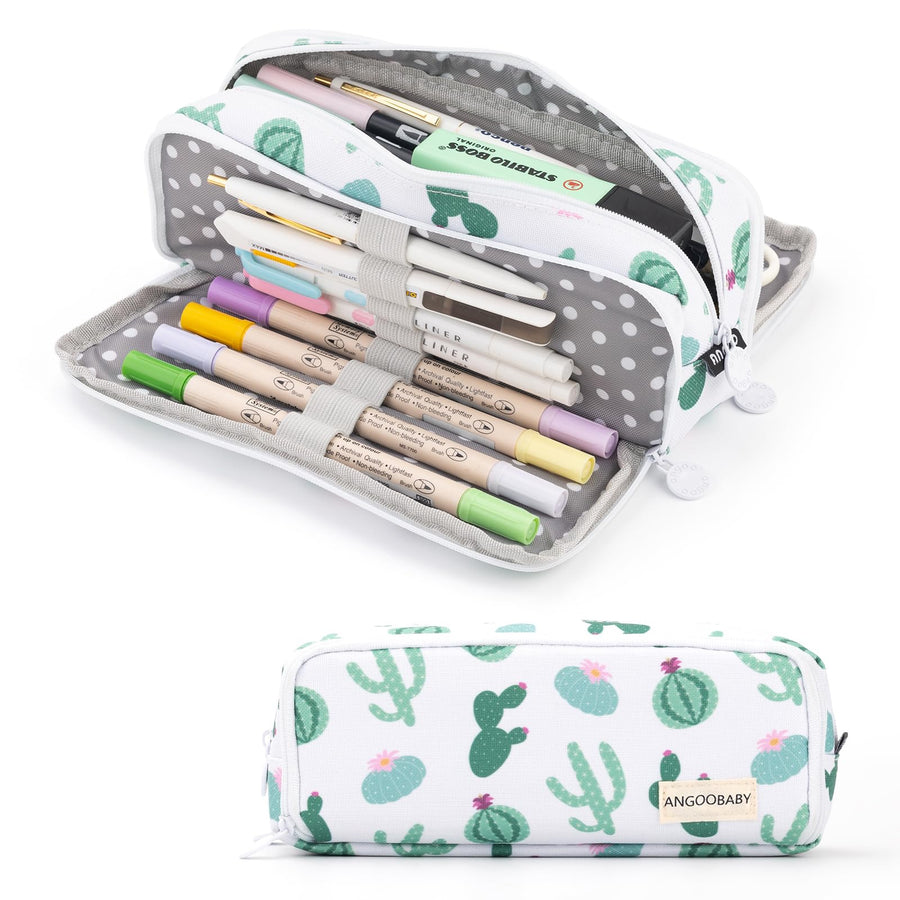 Large Pencil Case Big Capacity 3 Compartments Canvas Pencil Pouch for Teen Boys Girls School Students (Green Cactus)