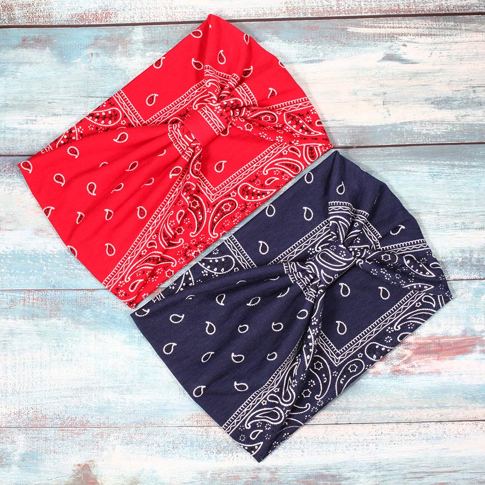 Assorted Paisley Print Wide Bandana Knot Headbands Criss Cross Head Wrap Hair Band (4 Colors Pack B)