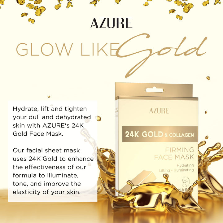 AZURE 24K Gold &amp; Collagen Firming Sheet Face Mask - Moisturizing, Lifting &amp; Illuminating | Reduces Fine Lines, Wrinkles &amp; | Tones, Smooths &amp; Evens Skin Tone | Made in Korea - 5 Pack