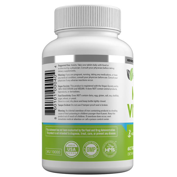 HAYAT Vitamins Vegan Natural Multivitamin, Daily Vitamins with Vitamin A, C, D, E, B1, B2, B3, B6, B12, Biotin, Zinc and More, 2 Month Supply, All Natural, Certified Halal, 60 Tablets, Made in The USA