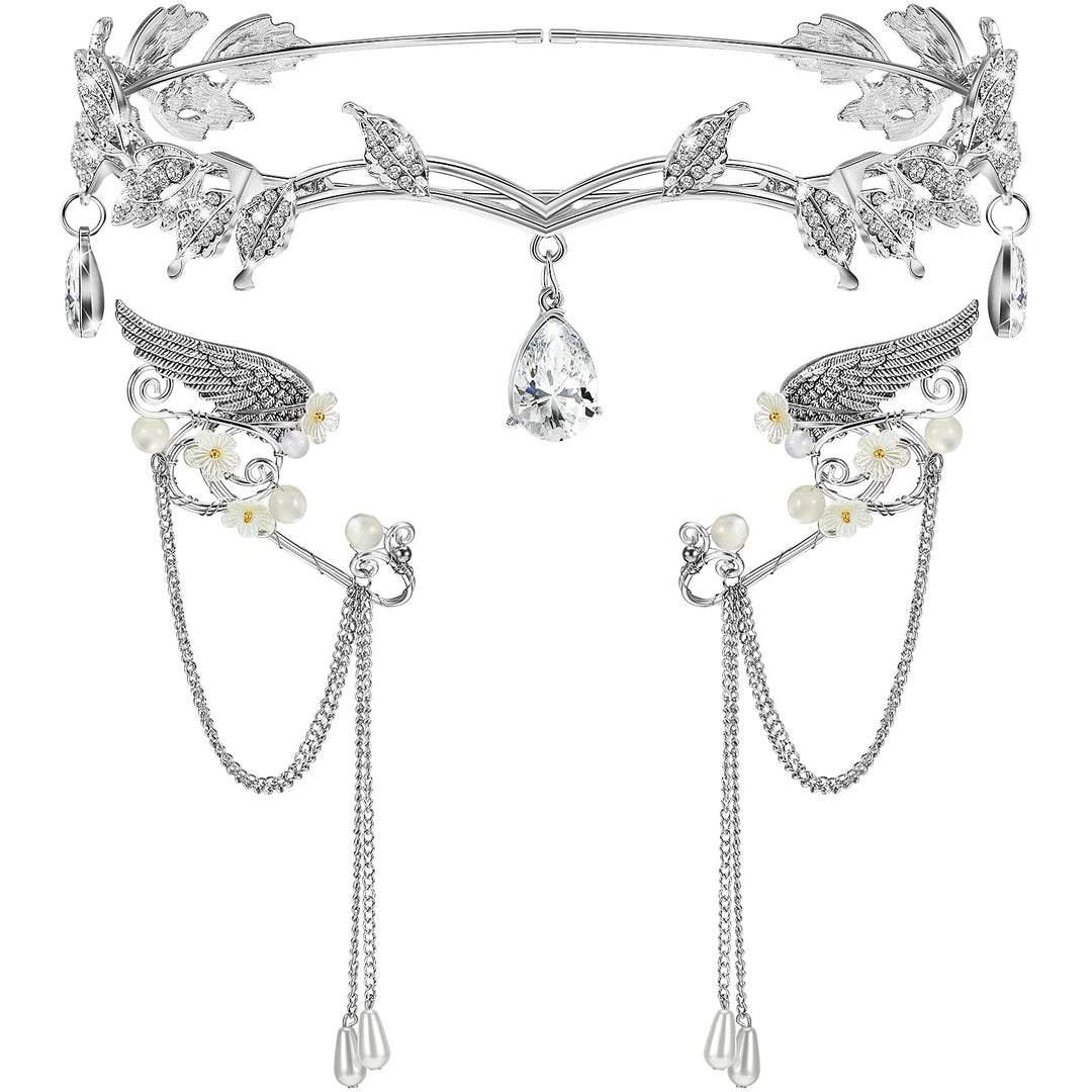 3 Pcs Halloween Rhinestone Leaf Headband Metal Elf Ears Fairy Costume Crown Princess Cosplay for Women(Silver)