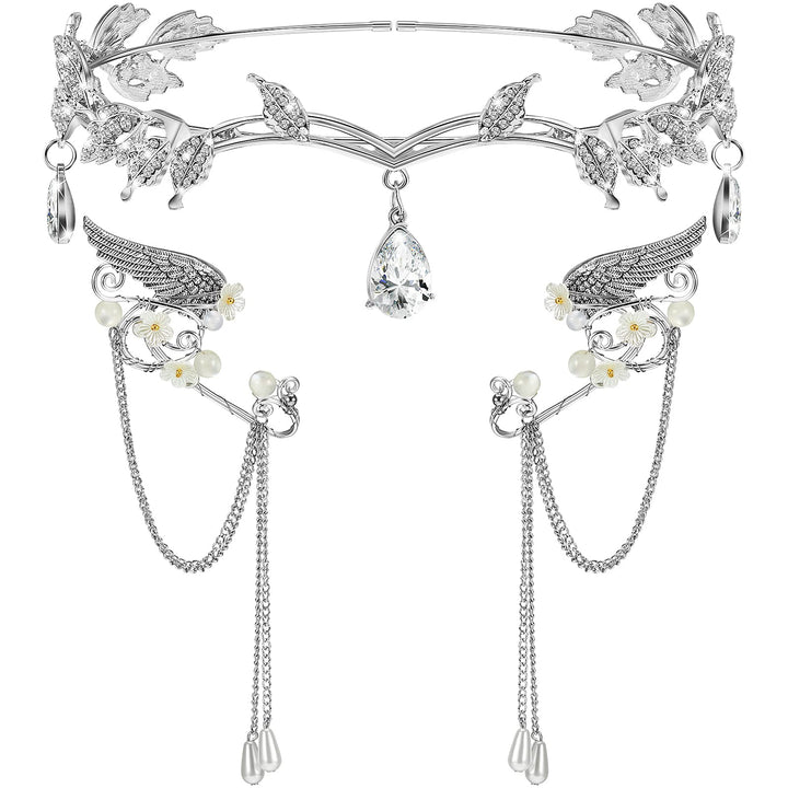 3 Pcs Halloween Rhinestone Leaf Headband Metal Elf Ears Fairy Costume Crown Princess Cosplay for Women(Silver)