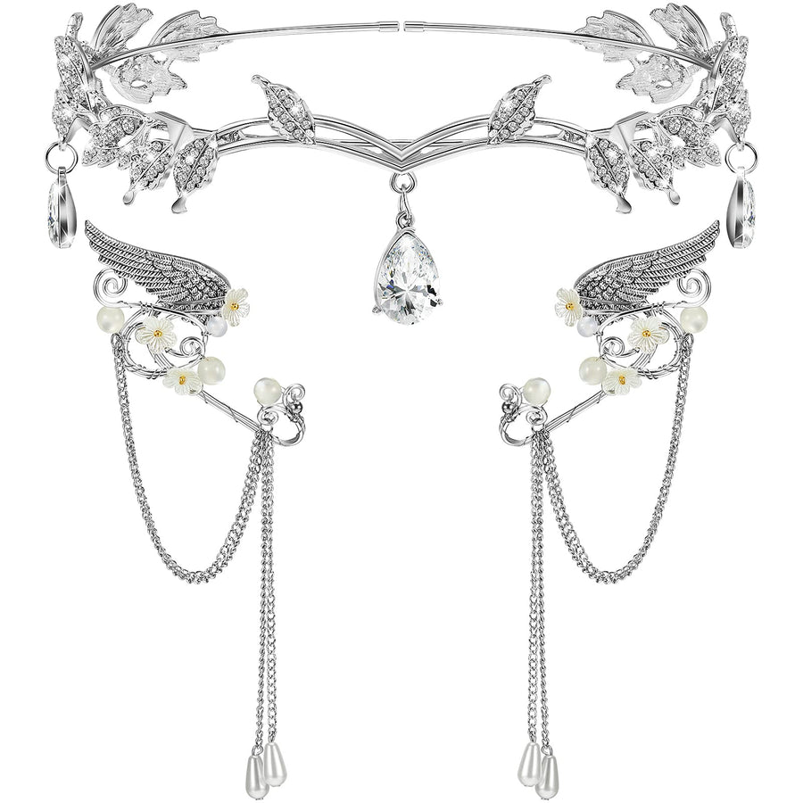 3 Pcs Halloween Rhinestone Leaf Headband Metal Elf Ears Fairy Costume Crown Princess Cosplay for Women(Silver)