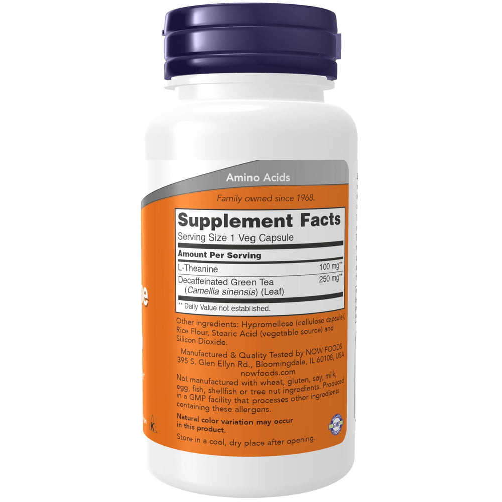 NOW Foods Supplements, L-Theanine 100 mg with Decaf Gre